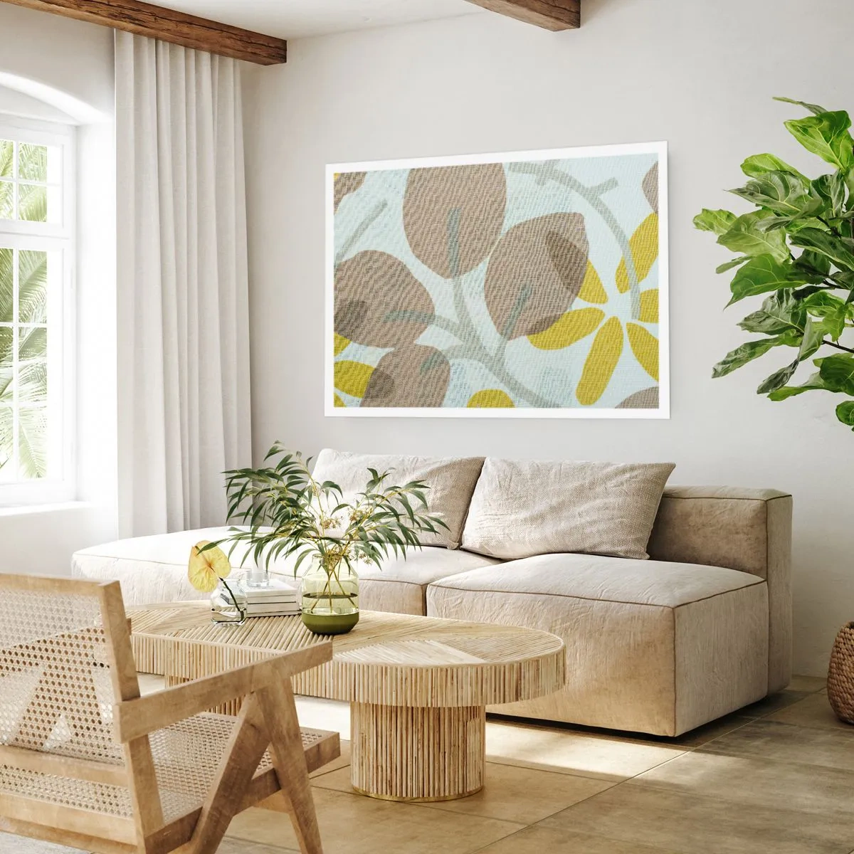 Affiche - Poster - Feuilles abstraites dans les tons beige et jaune - 100x70cm - Composition en plein soleil - Décoration murale moderne pour le salon et la chambre ARTTOR