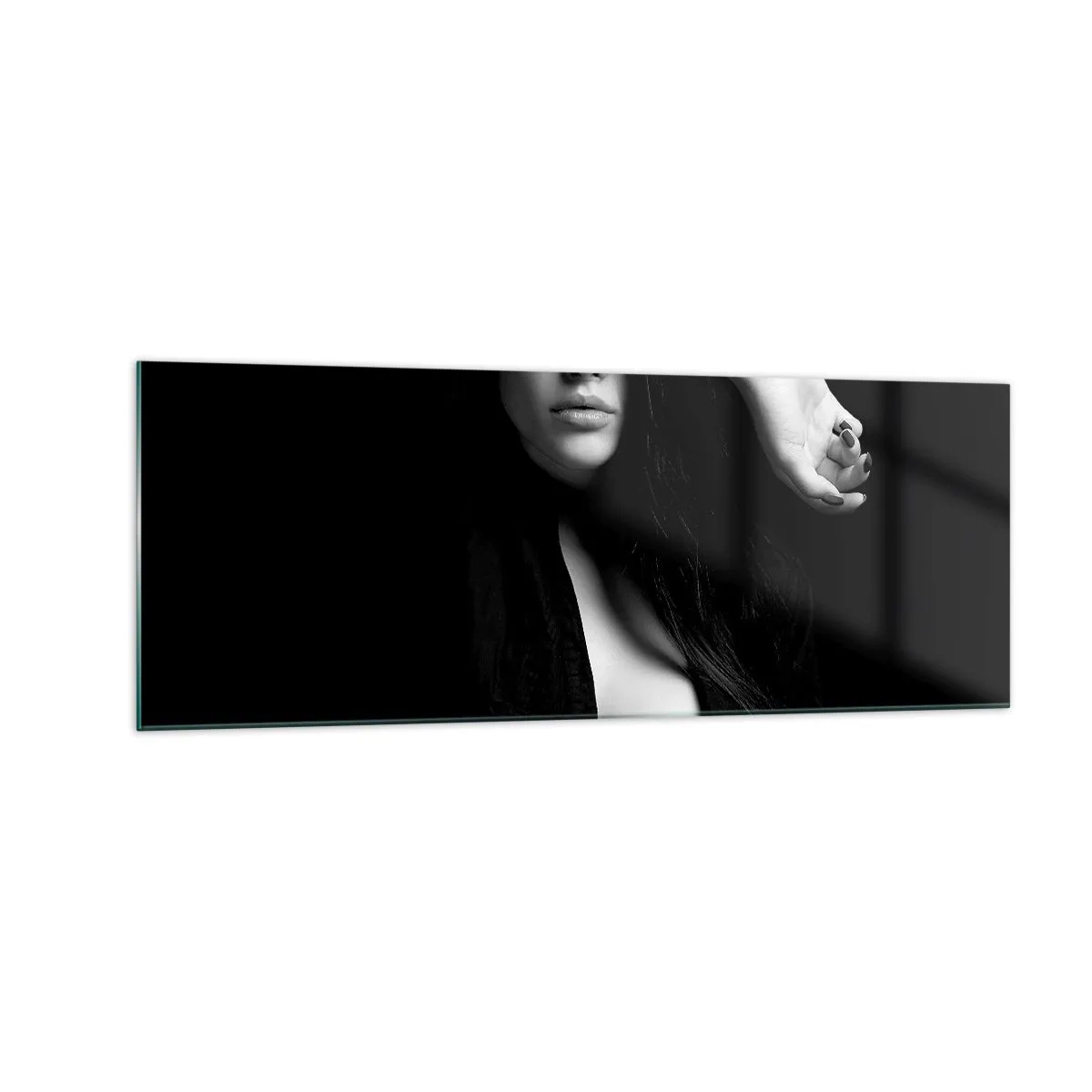 Impression sur verre - Image sur verre - Portrait élégant d'une femme en noir et blanc - 140x50cm - École de séduction - Décoration murale moderne pour le salon et la chambre ARTTOR