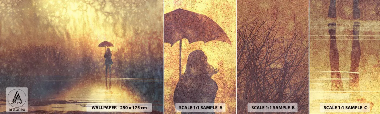 Échantillon de Papier Peint Autocollant Deluxe Sticker - Je sens que quelqu'un me regarde - Abstraction, Femme, Marcher sous la pluie - 100x30 cm