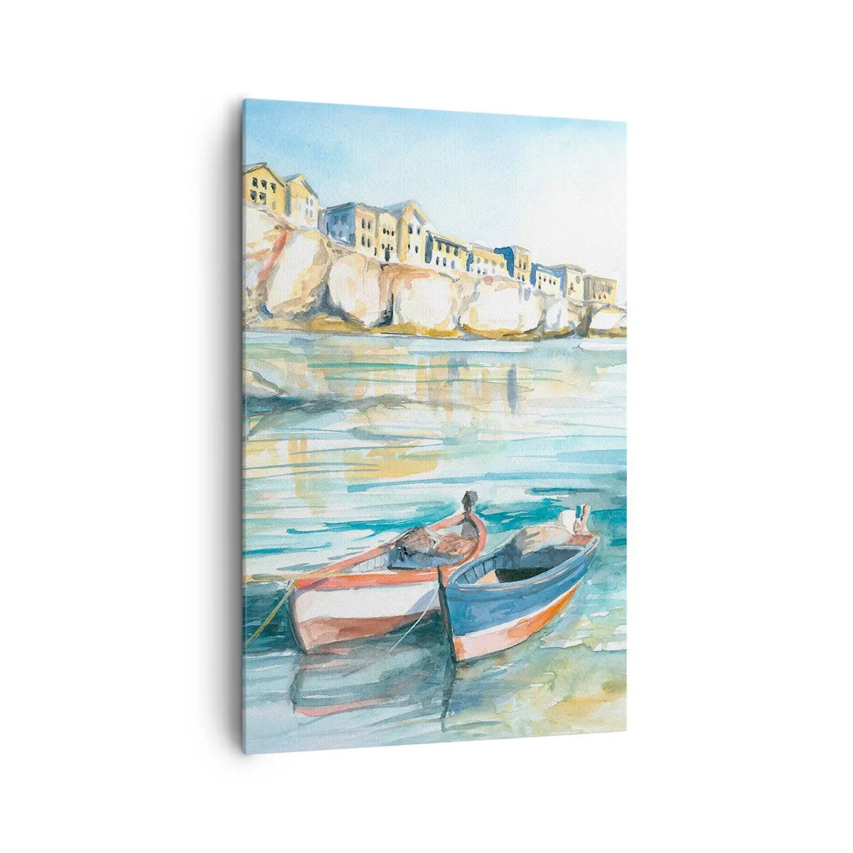Impression sur toile - Image sur toile - Un paysage balnéaire pittoresque avec des bateaux sur l'eau - 80x120cm - Paysage dans l'azur - Décoration murale moderne pour le salon et la chambre ARTTOR