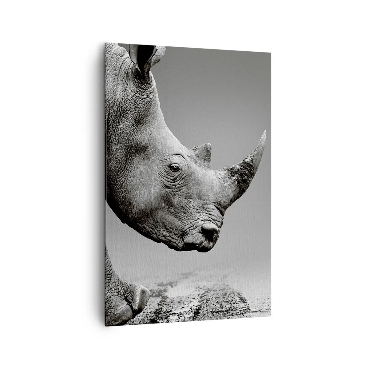 Impression sur toile - Image sur toile - Portrait d'un rhinocéros sur fond de désert gris - 80x120cm - Force inarrêtable - Décoration murale moderne pour le salon et la chambre ARTTOR