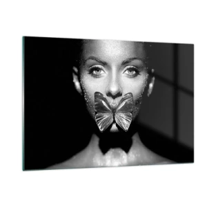 Impression sur verre - Image sur verre - Portrait d'une femme avec un papillon sur les lèvres en noir et blanc - 120x80cm - Baiser papillon - Décoration murale moderne pour le salon et la chambre ARTTOR