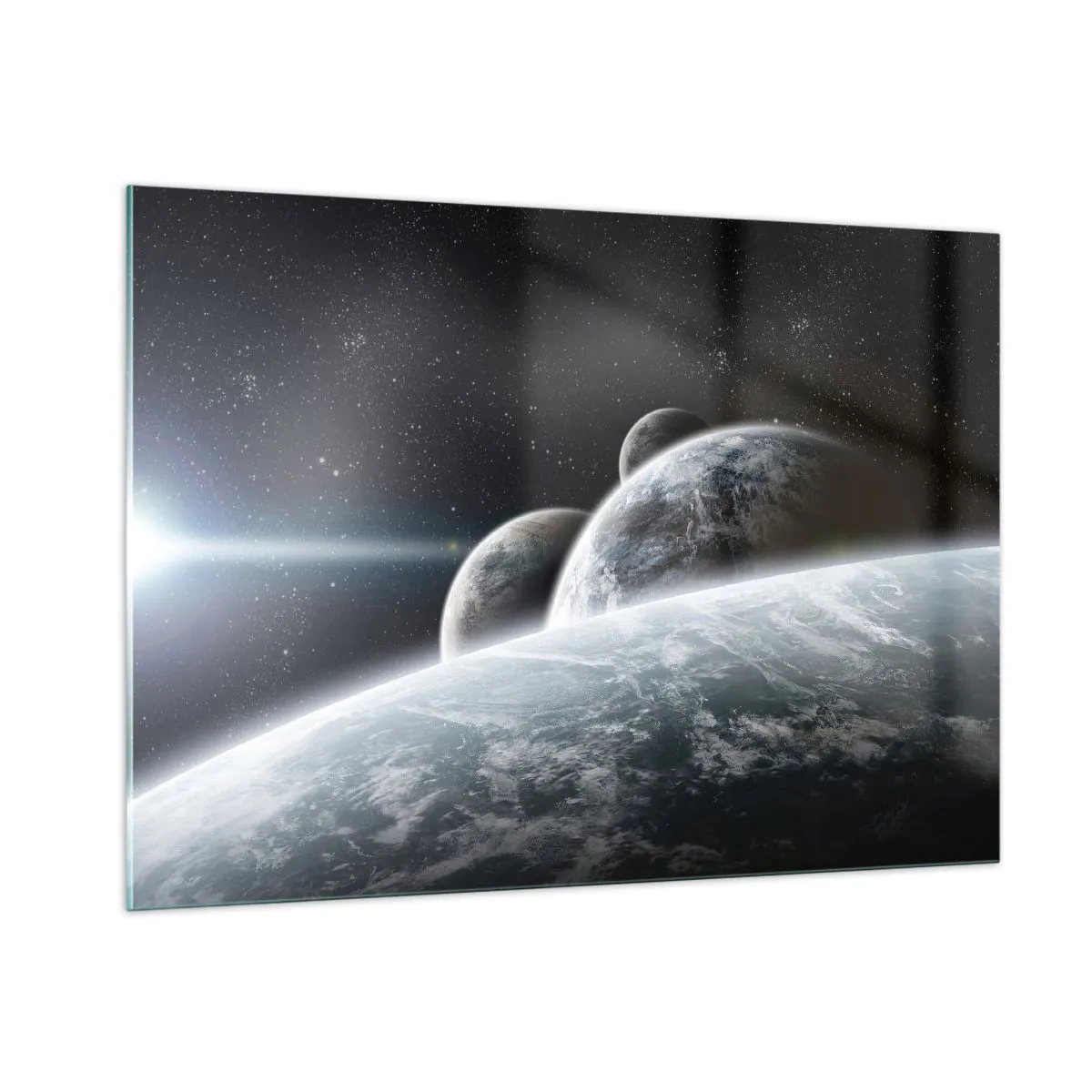 Impression sur verre - Image sur verre - Planètes dans l'espace avec un rayon de lumière - 100x70cm - Musique cosmique des sphères - Décoration murale moderne pour le salon et la chambre ARTTOR