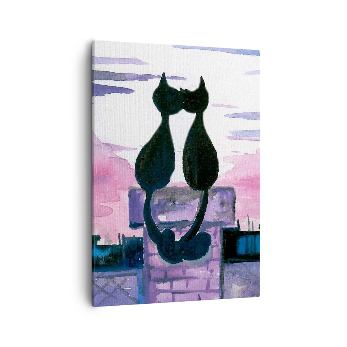 Impression sur toile - Image sur toile - Chats noirs sur un toit au clair de lune dans un décor aquarelle - 50x70cm - Rendez-vous sous la lune - Décoration murale moderne pour le salon et la chambre ARTTOR