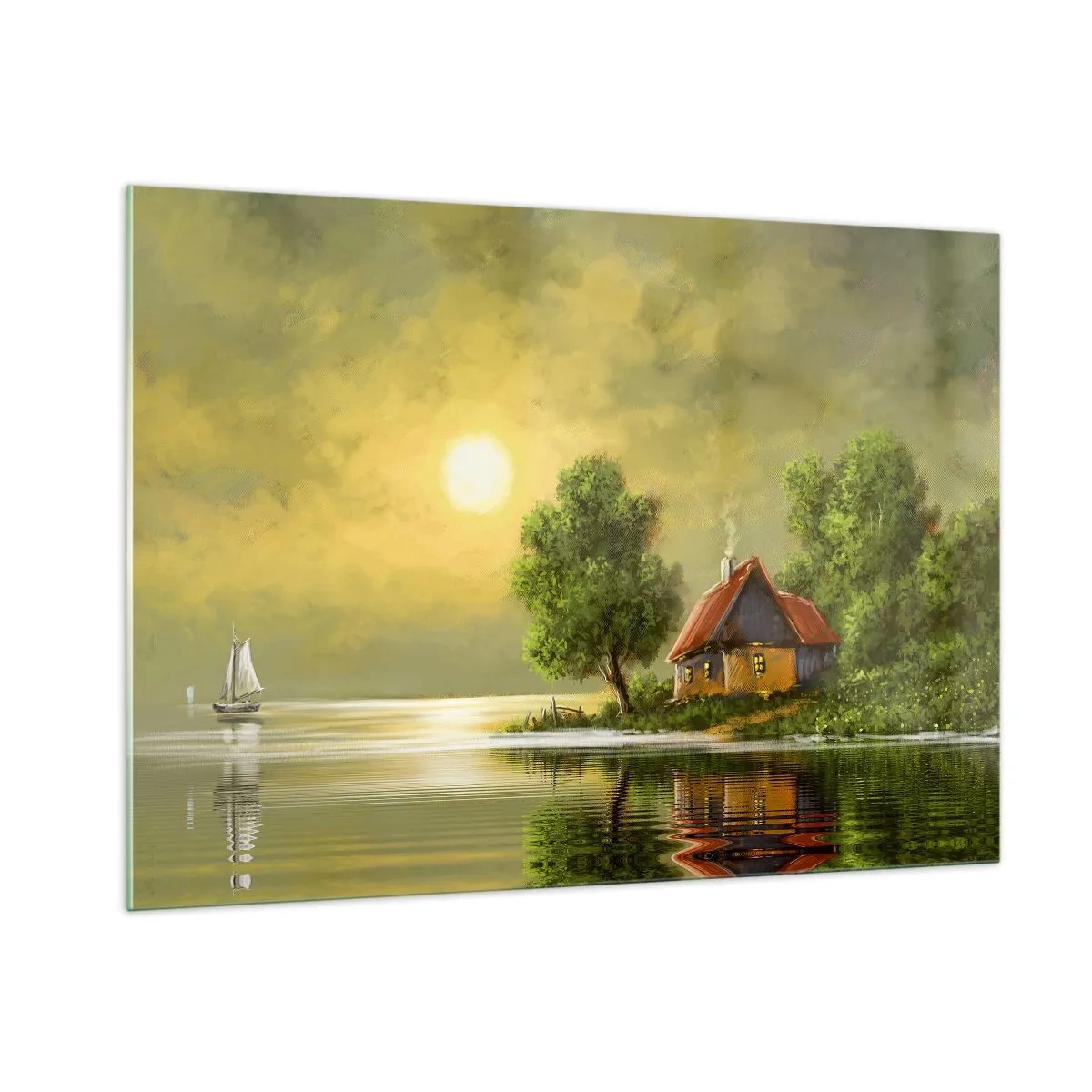 Impression sur verre - Image sur verre - Un paysage pittoresque avec un chalet au bord du lac au coucher du soleil - 100x70cm - Beau, comme une image - Décoration murale moderne pour le salon et la chambre ARTTOR