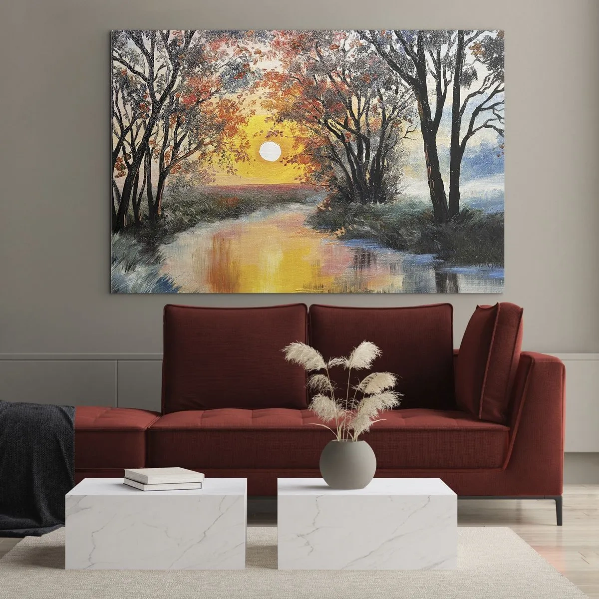 Impression sur verre - Image sur verre - Coucher de soleil sur la rivière parmi les arbres - 70x50cm - Climats de printemps - Décoration murale moderne pour le salon et la chambre ARTTOR