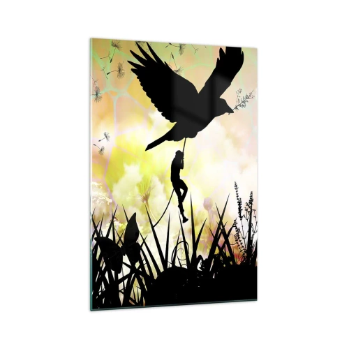 Impression sur verre - Image sur verre - Silhouette de la nature avec un oiseau et un pissenlit - 70x100cm - Dans une ambiance de conte de fées - Décoration murale moderne pour le salon et la chambre ARTTOR