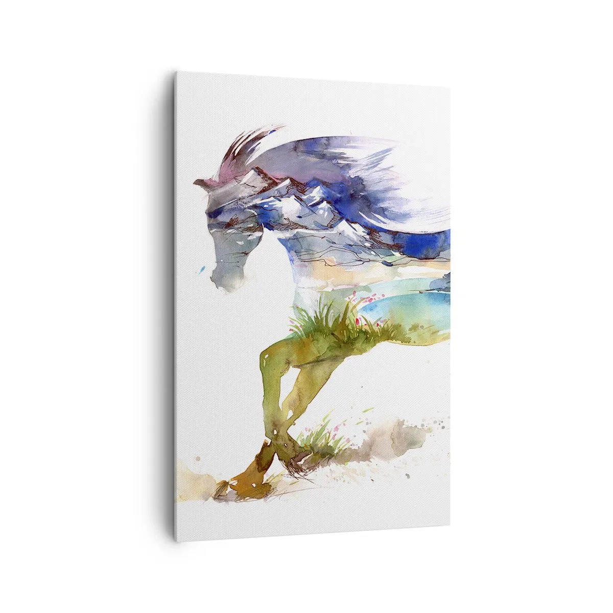 Impression sur toile - Image sur toile - Aquarelle d'un cheval avec un paysage de montagne en silhouette - 80x120cm - De la prairie directement au ciel - Décoration murale moderne pour le salon et la chambre ARTTOR