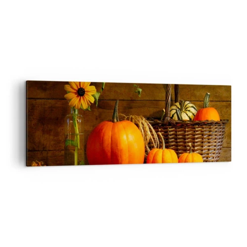 Impression sur toile - Image sur toile - Composition d'automne avec citrouilles et fleurs sur fond de bois - 140x50cm - Une composition rustique - cadeaux d'automne - Décoration murale moderne pour le salon et la chambre ARTTOR