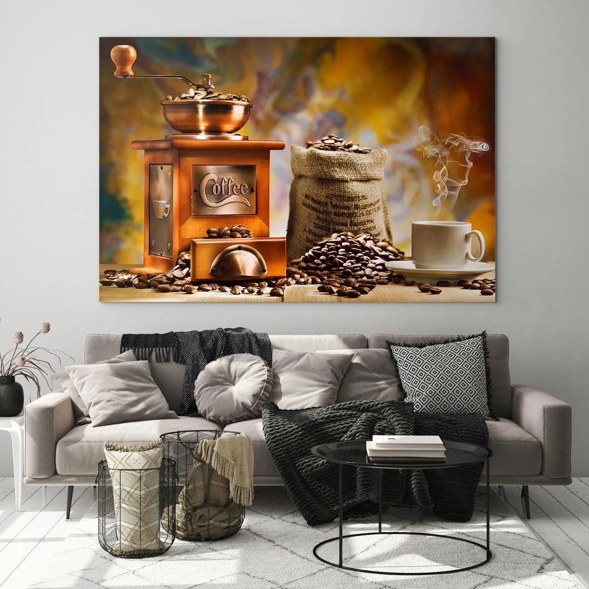 Impression sur verre - Image sur verre - Moulin à café, grains et une tasse sur une table en bois - 70x50cm - Le craquement des grains, le cliquetis d'un moulin - Décoration murale moderne pour le salon et la chambre ARTTOR