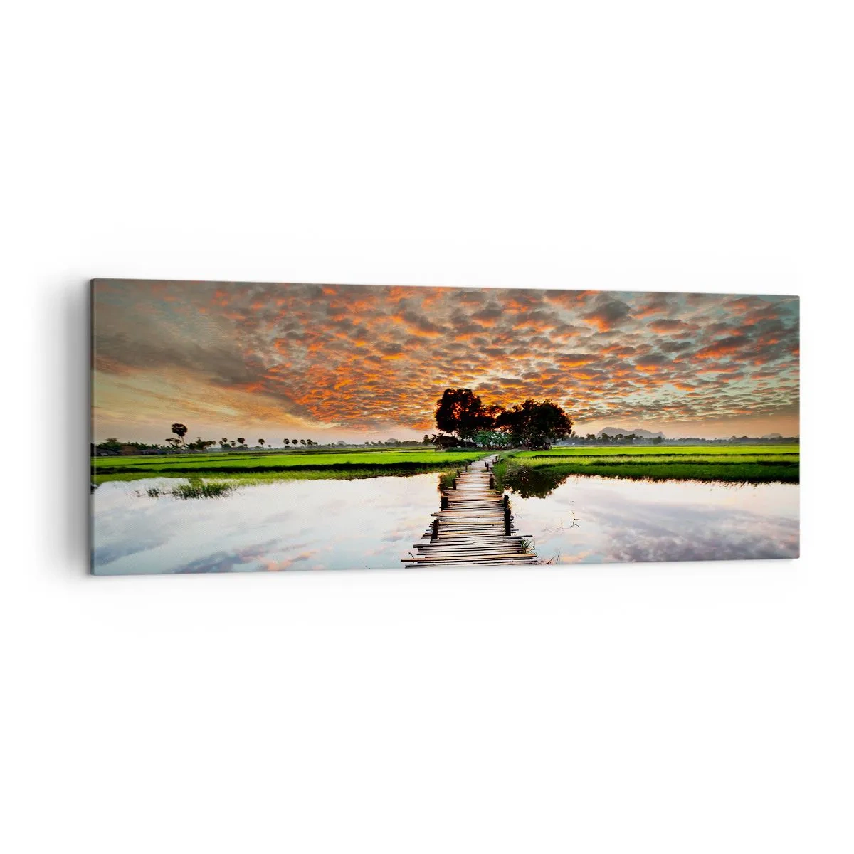 Impression sur toile - Image sur toile - Pont en bois sur l'eau au coucher du soleil - 140x50cm - Étendez vos bras - respirez - Décoration murale moderne pour le salon et la chambre ARTTOR
