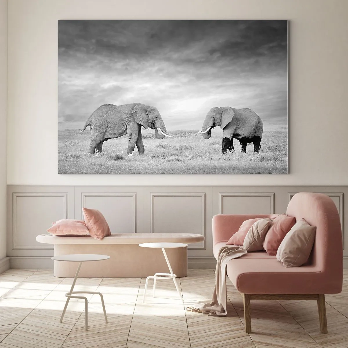 Impression sur verre - Image sur verre - Deux éléphants dans la savane dans des tons de noir et blanc - 100x70cm - Le gris est beau - Décoration murale moderne pour le salon et la chambre ARTTOR