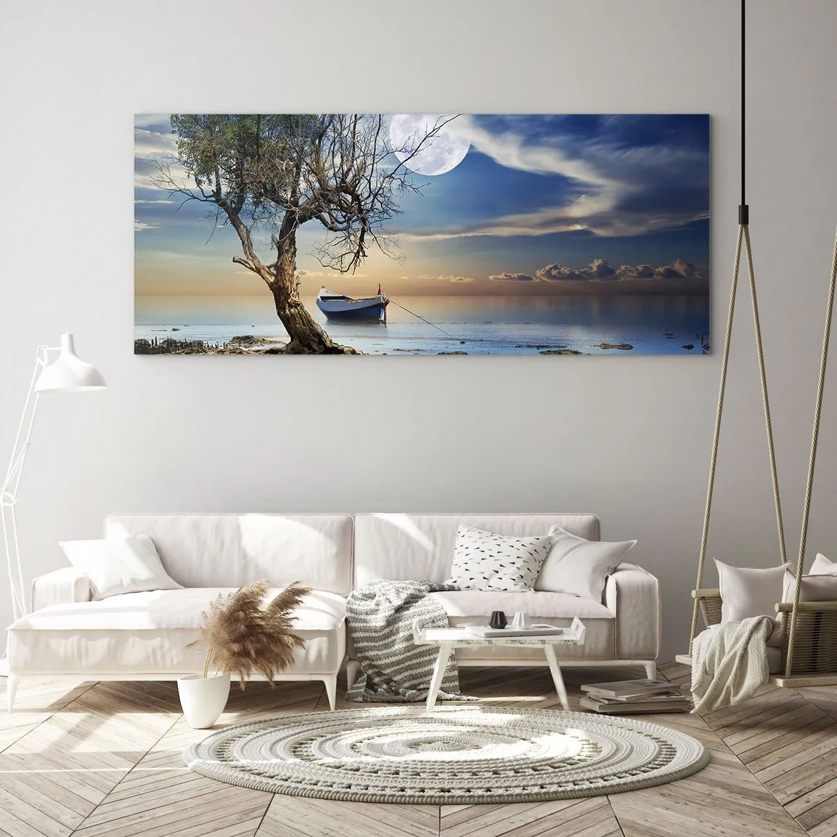 Impression sur verre - Image sur verre - Un arbre solitaire et un bateau sur une eau calme sous la pleine lune. - 140x50cm - Est-ce la fin ou le début ? - Décoration murale moderne pour le salon et la chambre ARTTOR