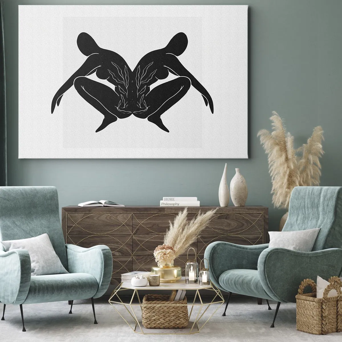 Impression sur toile - Image sur toile - Silhouettes noires en position symétrique sur fond blanc - 70x50cm - Une âme commune - Décoration murale moderne pour le salon et la chambre ARTTOR