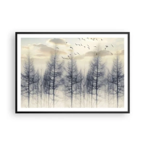 Affiche dans un cadre noir - Poster - Forêt brumeuse avec des oiseaux contre le ciel du coucher du soleil - 100x70cm - L'âme de la forêt - Décoration murale moderne pour le salon et la chambre ARTTOR
