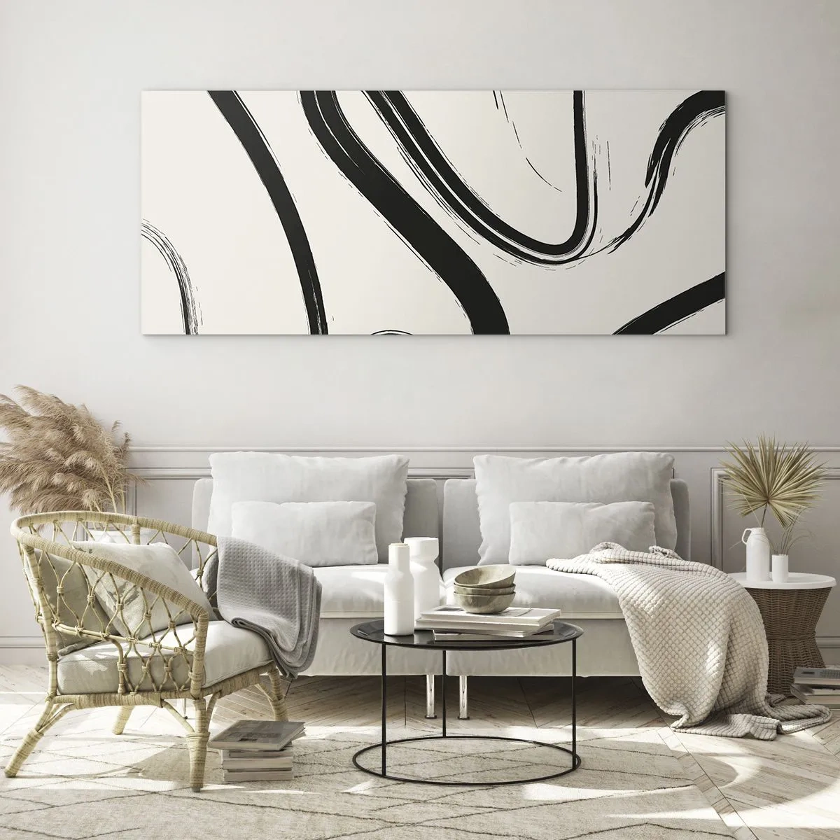 Impression sur verre - Image sur verre - Lignes courbes noires et blanches sur fond clair - 120x50cm - Fantaisie en noir et blanc - Décoration murale moderne pour le salon et la chambre ARTTOR