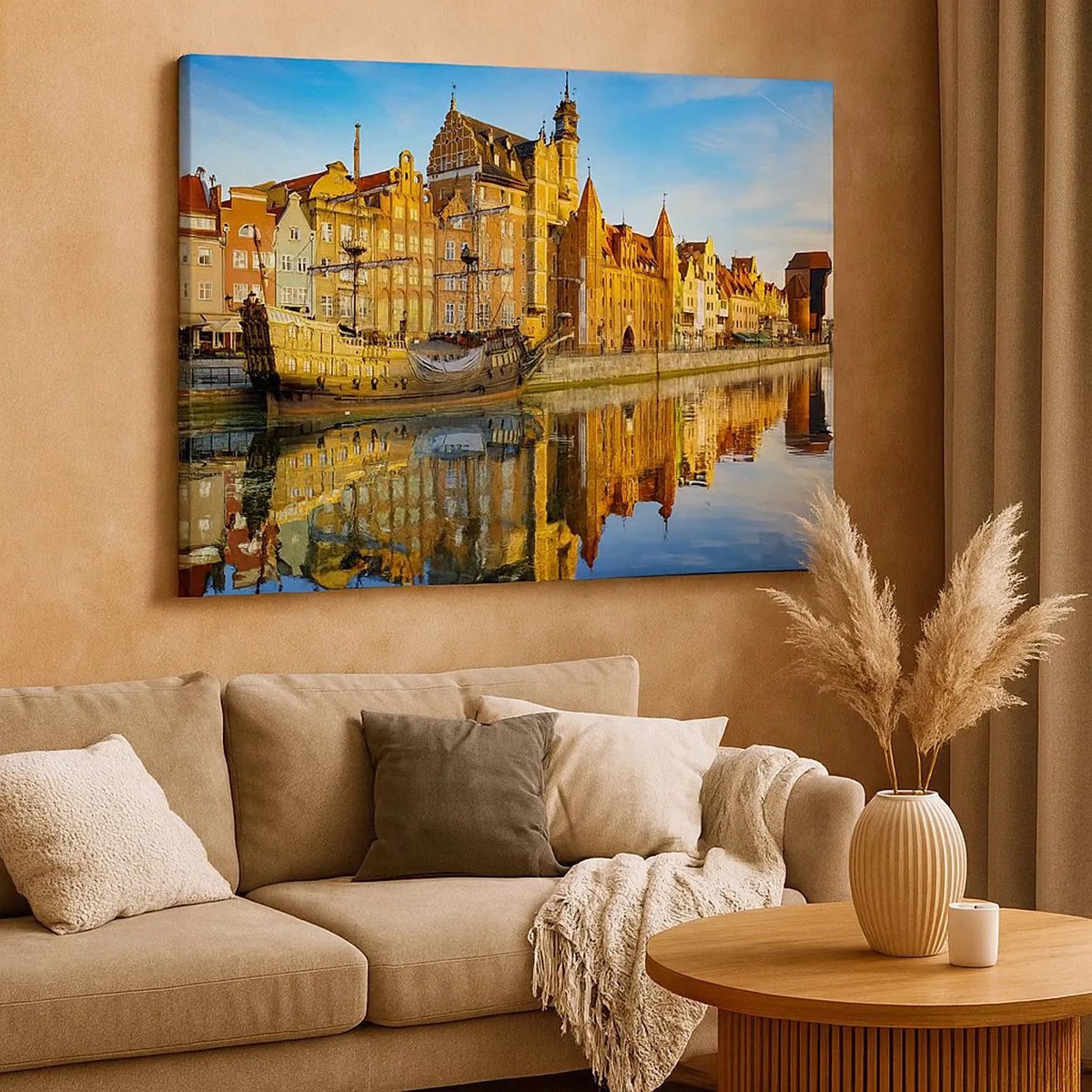 Impression sur toile - Image sur toile - Une vue pittoresque de la vieille ville avec un voilier et de l'eau - 70x50cm - Reflet dans le miroir du passé - Décoration murale moderne pour le salon et la chambre ARTTOR