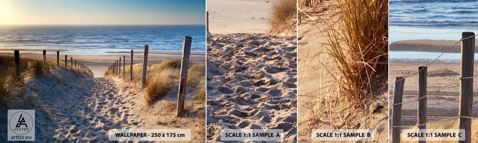 Échantillon de Papier Peint Autocollant Deluxe Sticker - Le bruit de la mer, le chant des oiseaux, une plage sauvage parmi les herbes… - Paysage, Plage, Dunes - 100x30 cm