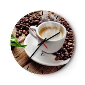 Horloge murale - Pendule murale - Une tasse de café avec des grains sur un fond en bois - 30x30cm - Café sur un banc - Décoration murale moderne pour le salon, la cuisine et la chambre ARTTOR
