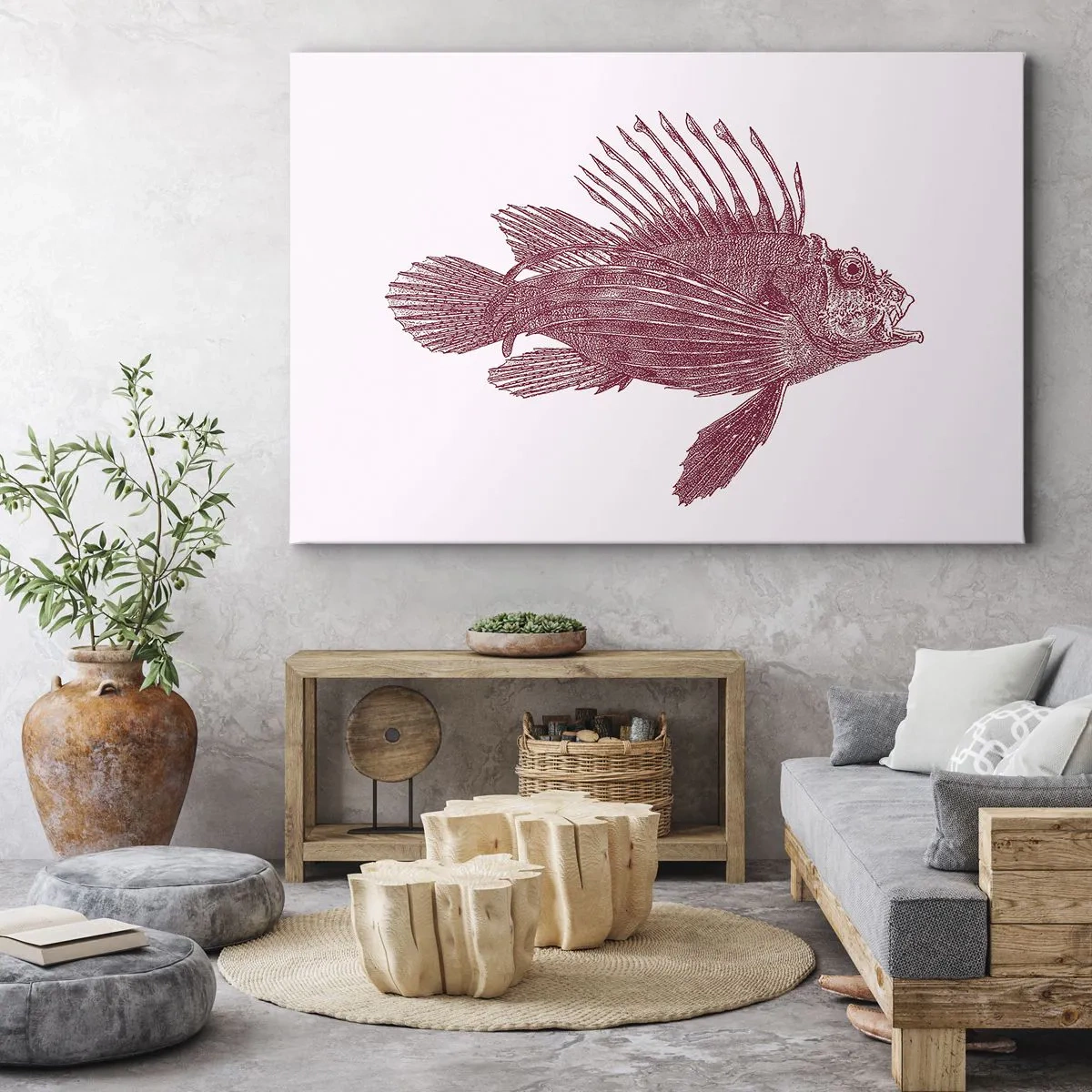 Impression sur toile - Image sur toile - Dessin d'un poisson dans une teinte rouge - 120x80cm - Un habitant des eaux exotiques - Décoration murale moderne pour le salon et la chambre ARTTOR