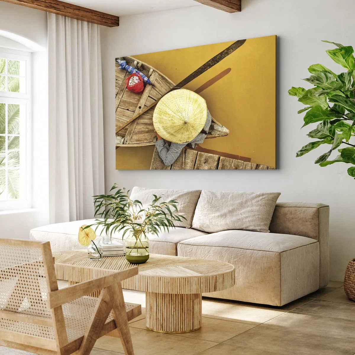 Impression sur toile - Image sur toile - Un bateau traditionnel vu à vol d'oiseau - 70x50cm - La vie sur le fleuve Jaune - Décoration murale moderne pour le salon et la chambre ARTTOR
