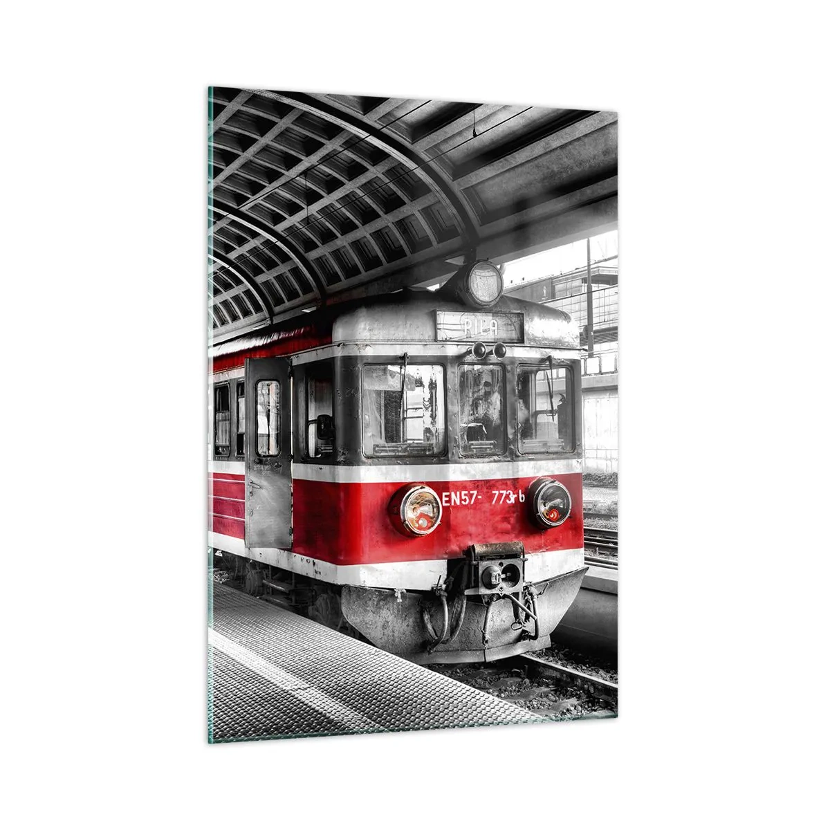 Impression sur verre - Image sur verre - Train rouge à la gare sous un toit - 50x70cm - C'est peut-être le voyage de votre vie ? - Décoration murale moderne pour le salon et la chambre ARTTOR