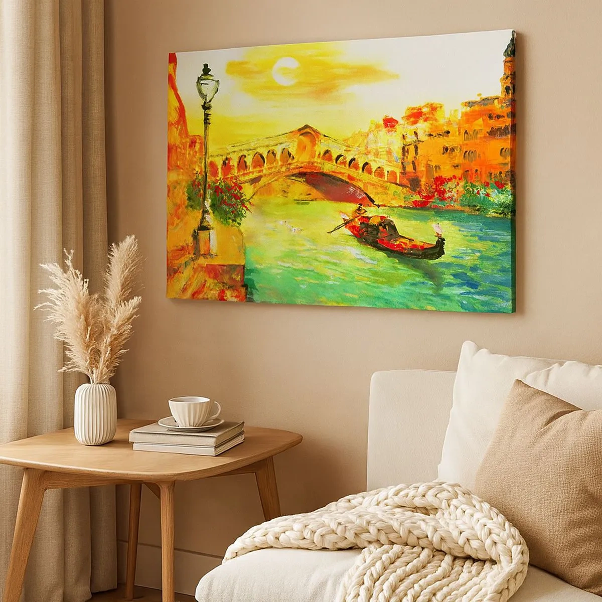 Impression sur toile - Image sur toile - Un pont pittoresque sur le canal avec une gondole à la lumière du soleil couchant - 70x50cm - Un pèlerinage d'amoureux - Décoration murale moderne pour le salon et la chambre ARTTOR