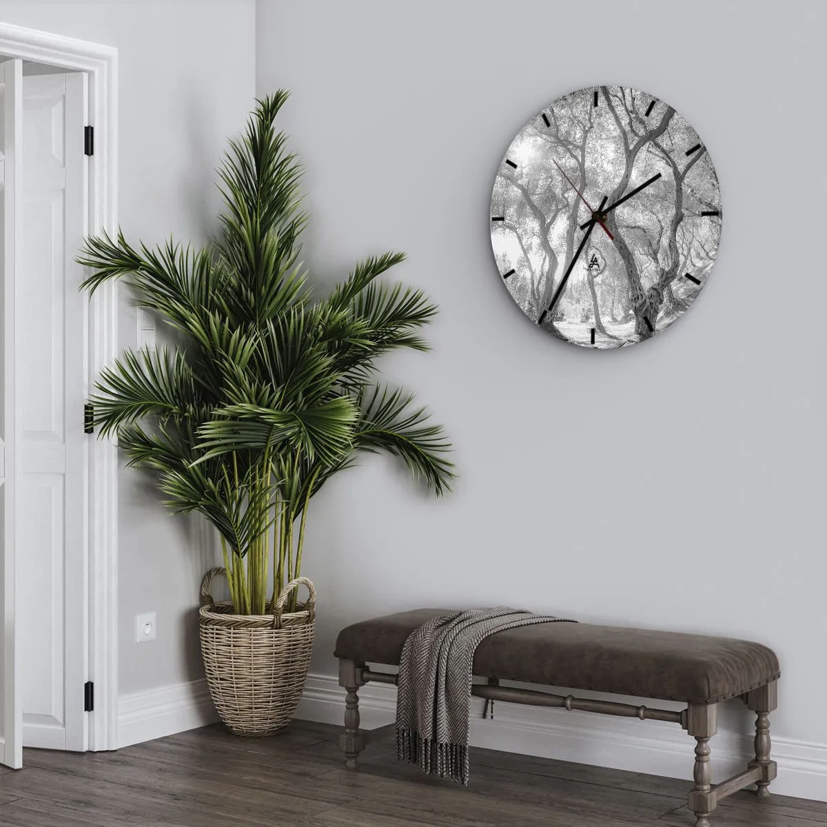 Horloge murale - Pendule murale - Arbres noirs et blancs au soleil dans la forêt - 30x30cm - Dans l'oliveraie - Décoration murale moderne pour le salon, la cuisine et la chambre ARTTOR