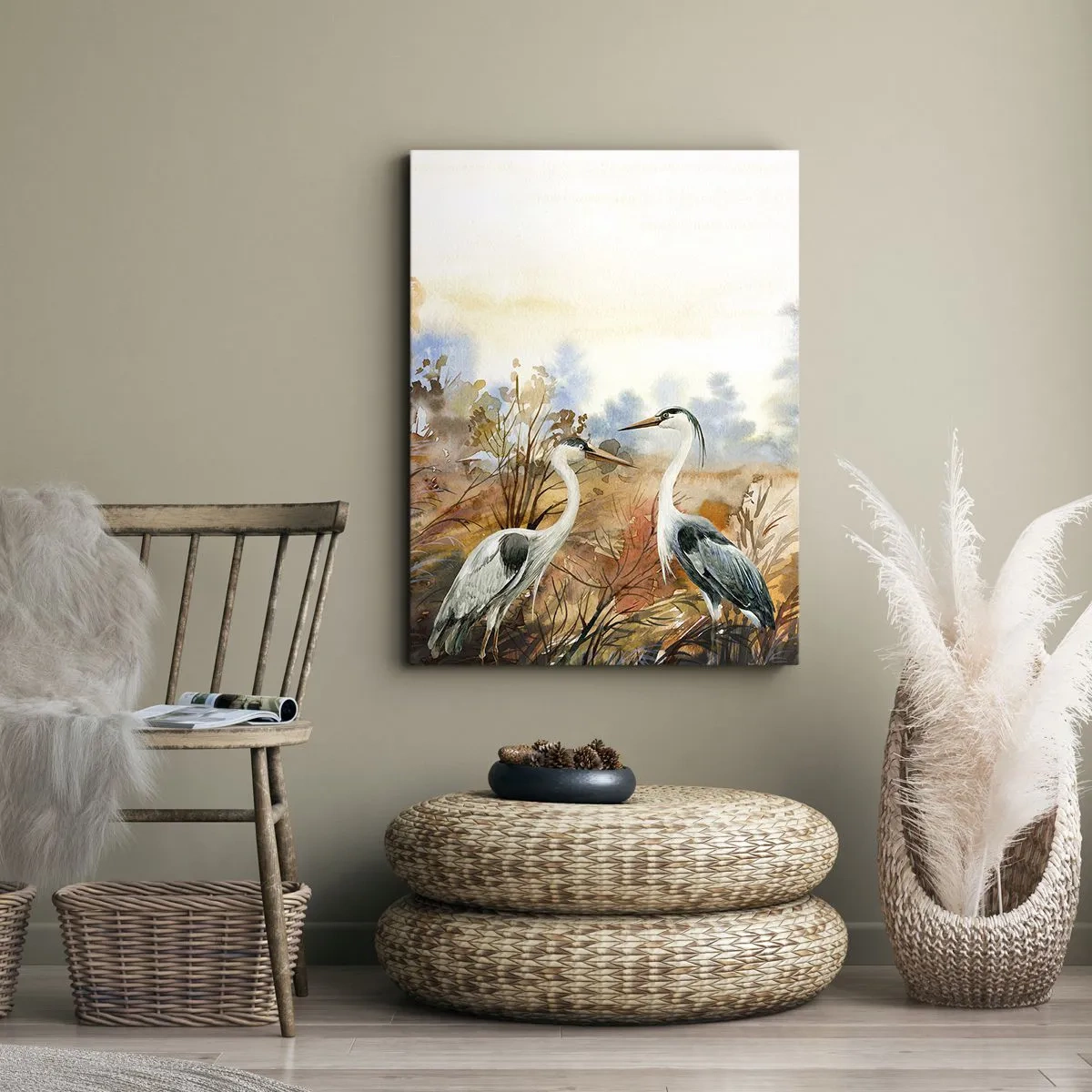 Impression sur toile - Image sur toile - Deux hérons sur fond de paysage d'automne - 80x120cm - Jusqu'où en automne ? - Décoration murale moderne pour le salon et la chambre ARTTOR