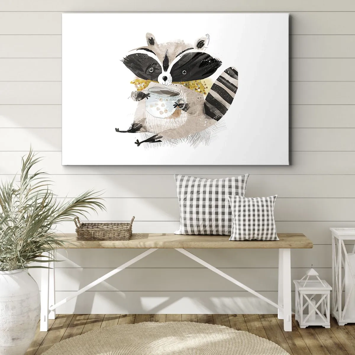 Impression sur toile - Image sur toile - Adorable raton laveur tenant une tasse de couleur pastel - 120x80cm - Mon ami le raton laveur - Décoration murale moderne pour le salon et la chambre ARTTOR