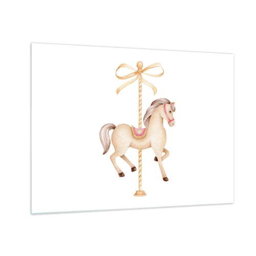 Impression sur verre - Image sur verre - Cheval de carrousel beige avec un nœud sur fond blanc - 70x50cm - Un trot gracieux - Décoration murale moderne pour le salon et la chambre ARTTOR