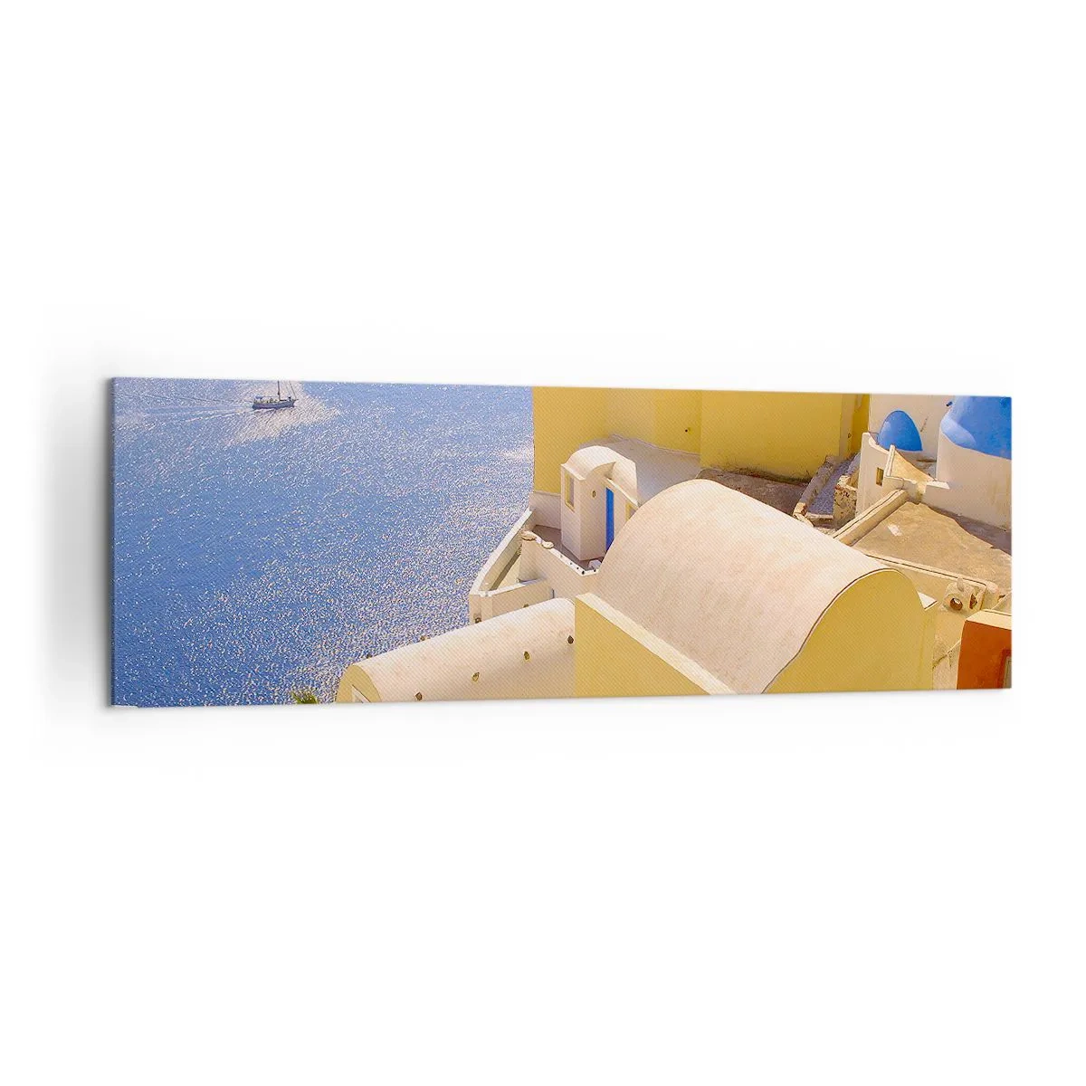 Impression sur toile - Image sur toile - Architecture grecque avec vue sur la mer et un bateau en arrière-plan - 160x50cm - Paysage grec en blanc et bleu ciel - Décoration murale moderne pour le salon et la chambre ARTTOR