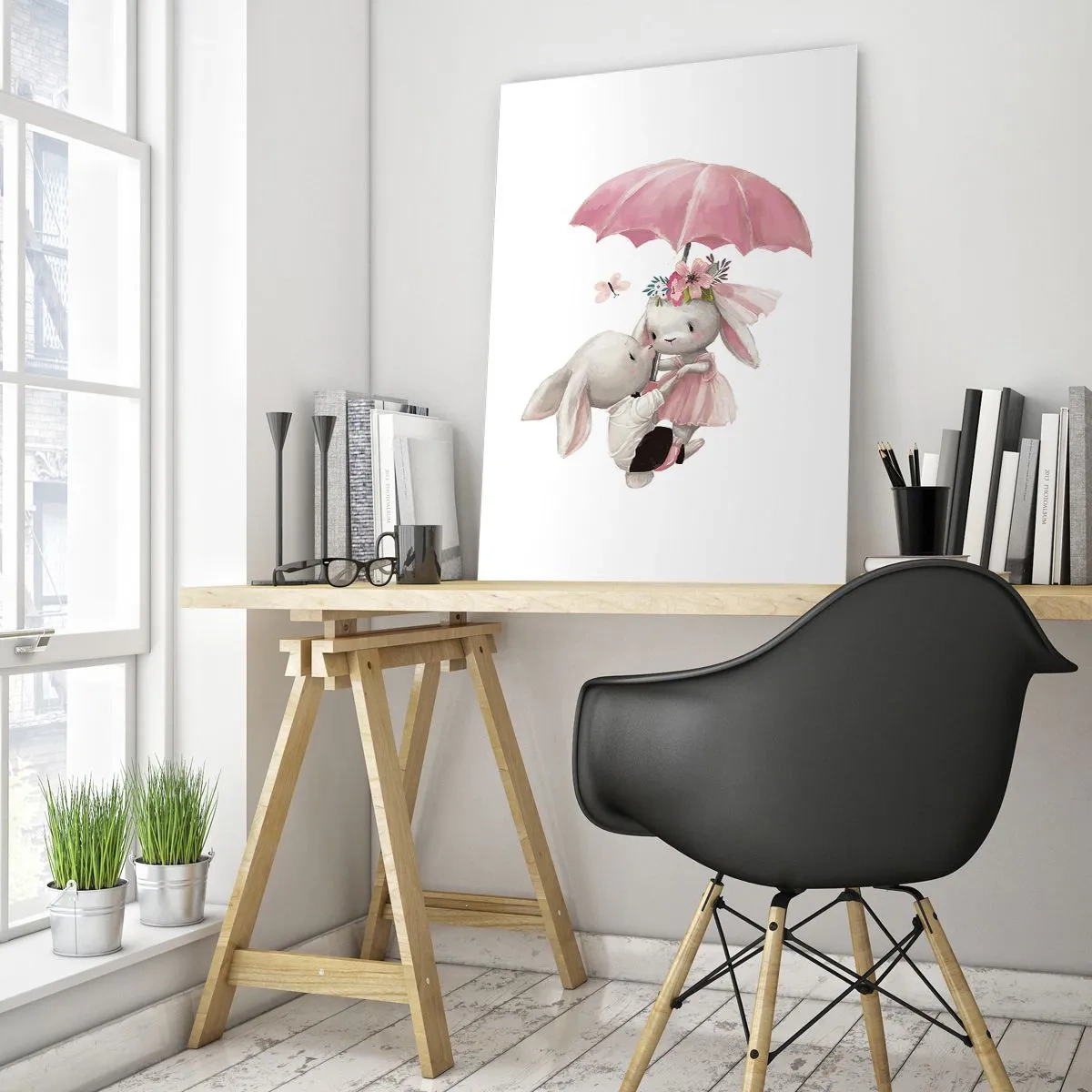 Impression sur verre - Image sur verre - Deux lapins sous un parapluie rose dans une scène romantique - 50x70cm - C'est ça l'amour - Décoration murale moderne pour le salon et la chambre ARTTOR