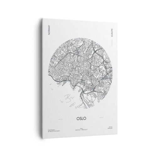 Impression sur toile - Image sur toile - Une carte d'Oslo dans un style minimaliste en noir et blanc. - 50x70cm - Anatomie d’Oslo - Décoration murale moderne pour le salon et la chambre ARTTOR