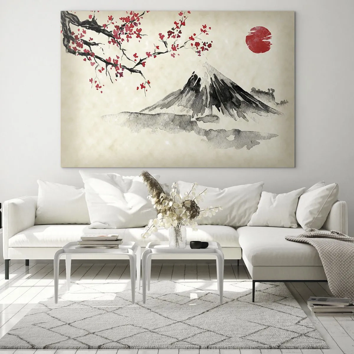 Impression sur verre - Image sur verre - Aquarelle japonaise représentant une montagne et une branche fleurie - 70x50cm - Tomber amoureux du Japon - Décoration murale moderne pour le salon et la chambre ARTTOR
