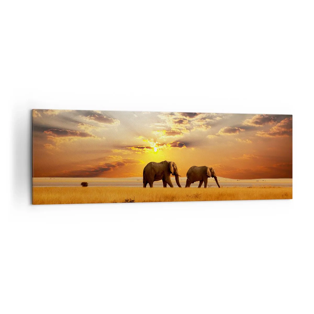 Impression sur toile - Image sur toile - Éléphants dans la savane au coucher du soleil - 160x50cm - Déambulation familliale - Décoration murale moderne pour le salon et la chambre ARTTOR