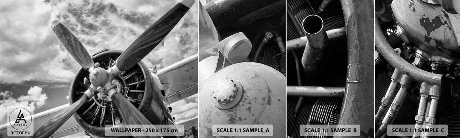 Échantillon de Papier Peint Autocollant Deluxe Sticker - Dompteur de ciel - Avion, Hélice d'avion, Ancien - 100x30 cm