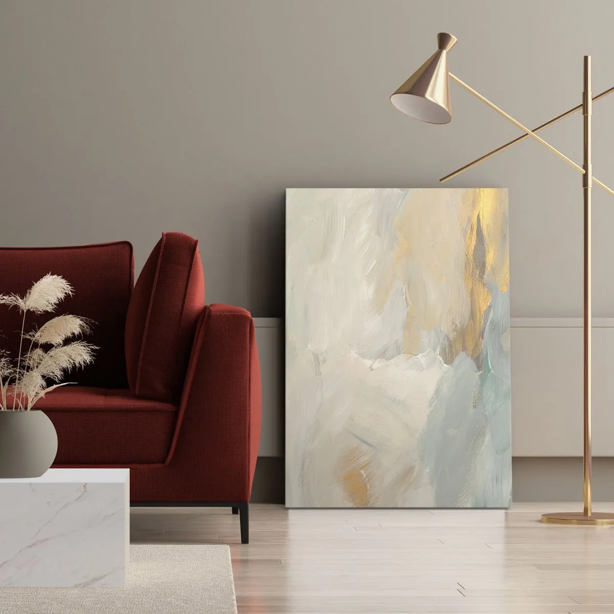 Impression sur toile - Image sur toile - Traits abstraits délicats dans des tons de blanc et d'or - 50x70cm - Abstraction – le pays de la douceur - Décoration murale moderne pour le salon et la chambre ARTTOR