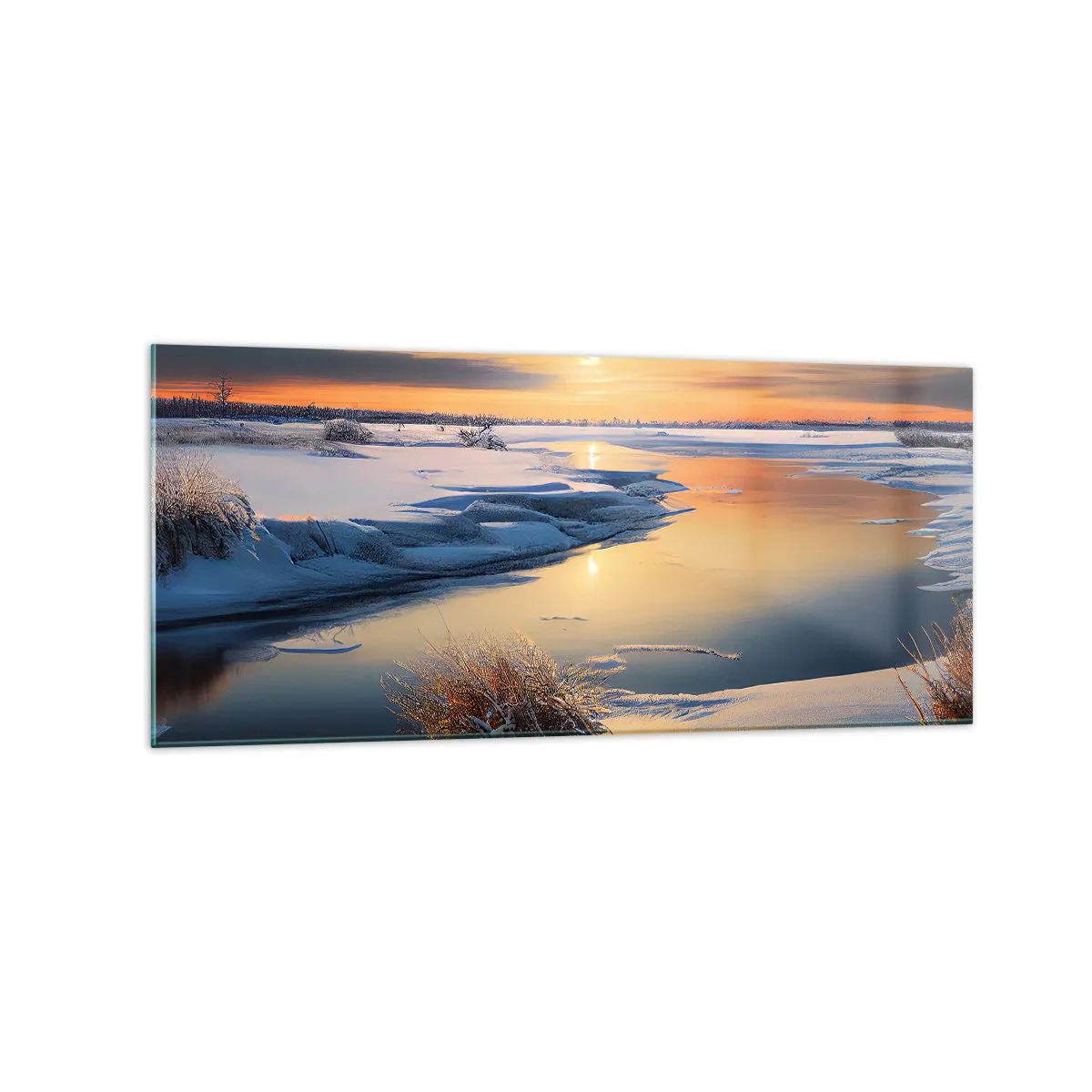 Impression sur verre - Image sur verre - Paysage d'hiver avec une rivière au coucher du soleil - 120x50cm - Coucher de soleil d'hiver - Décoration murale moderne pour le salon et la chambre ARTTOR