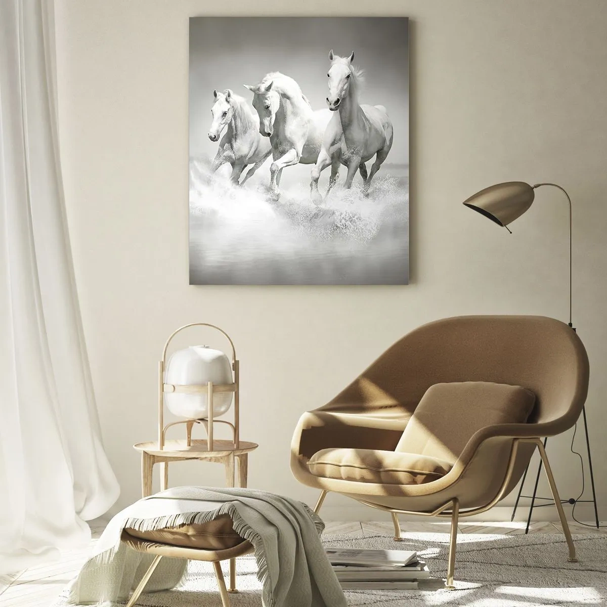 Impression sur verre - Image sur verre - Trois chevaux blancs galopant dans l'eau - 70x100cm - La folie blanche - Décoration murale moderne pour le salon et la chambre ARTTOR
