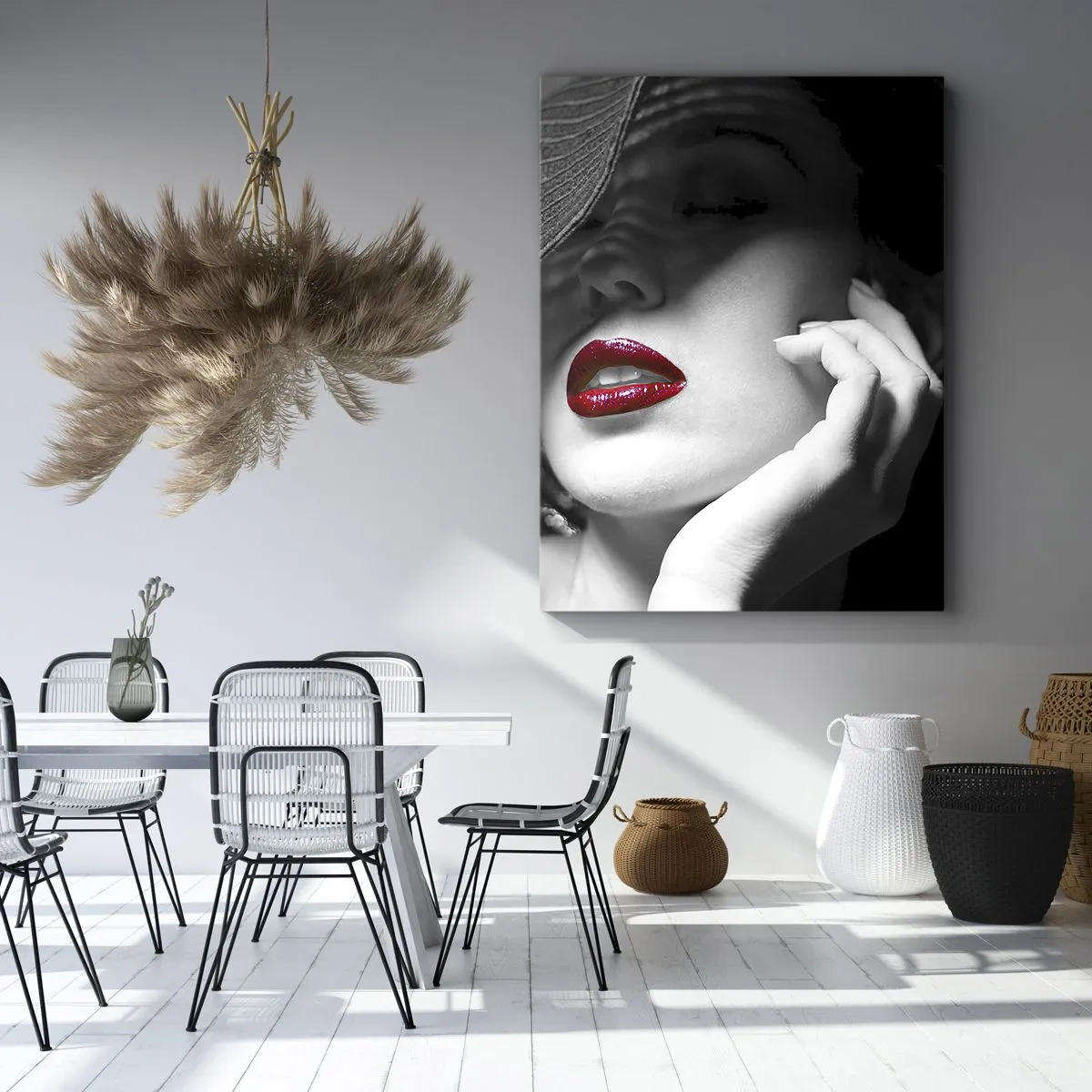 Impression sur toile - Image sur toile - Portrait noir et blanc d'une femme aux lèvres rouges - 50x70cm - Étude écarlate - Décoration murale moderne pour le salon et la chambre ARTTOR