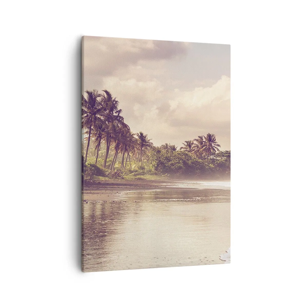 Impression sur toile - Image sur toile - Une plage avec des palmiers et des vagues douces le matin - 50x70cm - La caresse des vagues - Décoration murale moderne pour le salon et la chambre ARTTOR