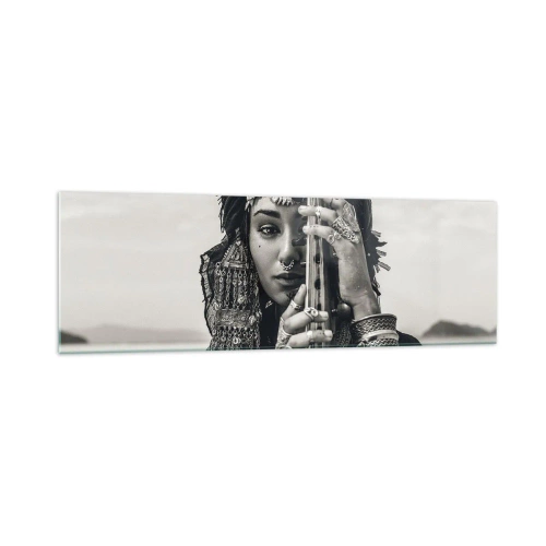 Impression sur verre - Image sur verre - Portrait d'une femme en bijoux ethniques tenant un instrument à la main - 160x50cm - Musique de l'Orient elle-même - Décoration murale moderne pour le salon et la chambre ARTTOR
