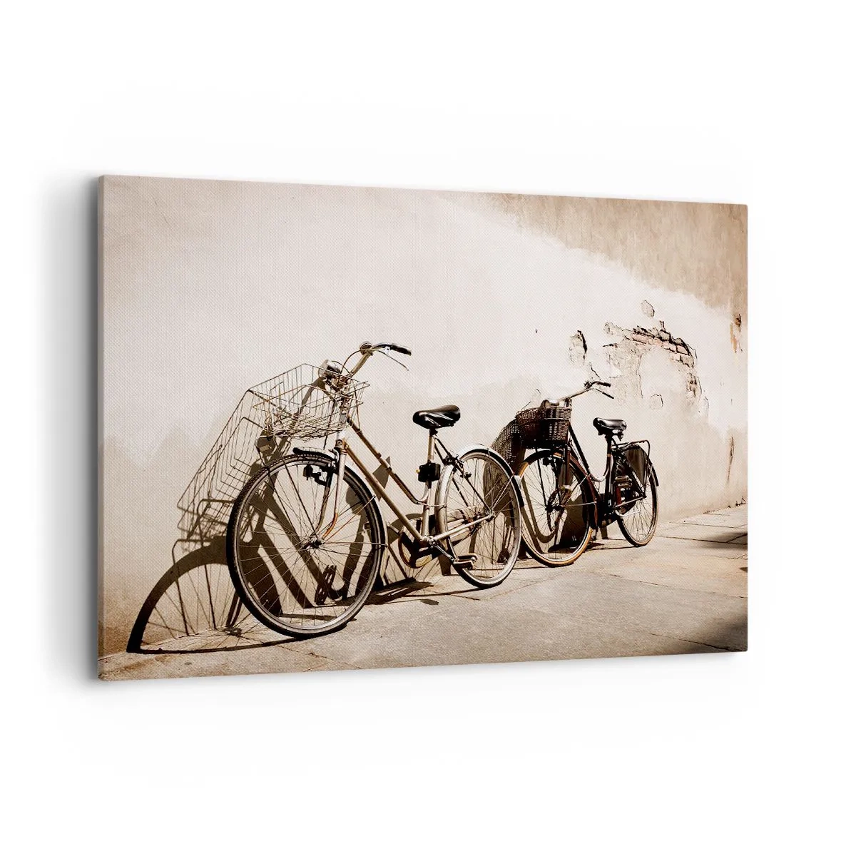 Impression sur toile - Image sur toile - Deux vélos appuyés contre un vieux mur de style rétro - 100x70cm - Le charme inoubliable du passé - Décoration murale moderne pour le salon et la chambre ARTTOR