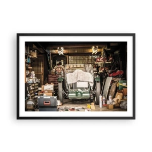 Affiche dans un cadre noir - Poster - Une vieille voiture dans un garage entourée d'outils et d'équipements - 70x50cm - Retour vers le passé - Décoration murale moderne pour le salon et la chambre ARTTOR