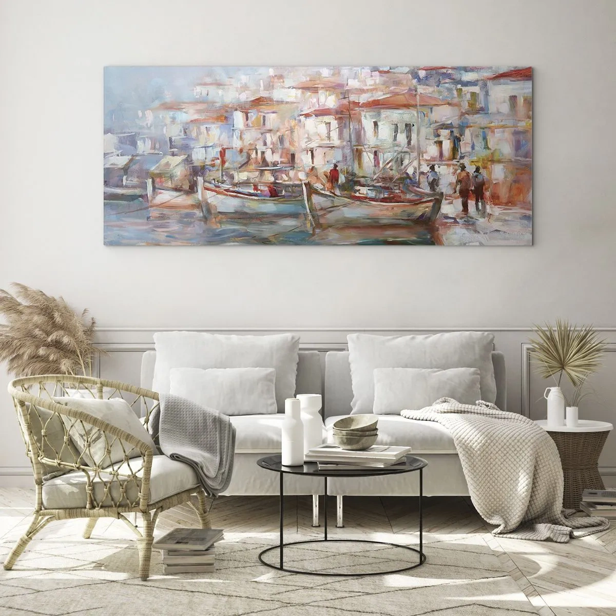 Impression sur verre - Image sur verre - Impression de port avec bateaux et bâtiments - 160x50cm - Vacances pastelles - Décoration murale moderne pour le salon et la chambre ARTTOR