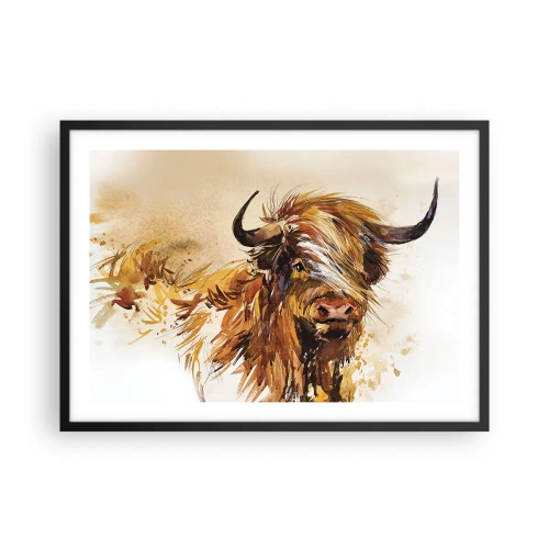 Affiche dans un cadre noir - Poster - Portrait d'un taureau dans un style aquarelle artistique - 70x50cm - Fierté du chasseur - Décoration murale moderne pour le salon et la chambre ARTTOR