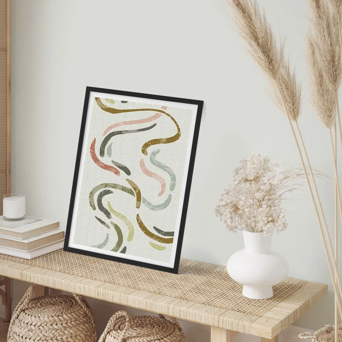 Affiche dans un cadre noir - Poster - Lignes ondulées abstraites dans des tons naturels - 50x70cm - Une joyeuse danse de l'abstraction - Décoration murale moderne pour le salon et la chambre ARTTOR