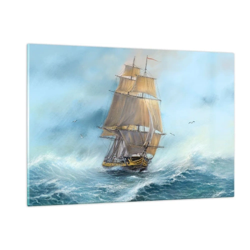 Impression sur verre - Image sur verre - Un voilier sur une mer agitée dans un style pictural - 120x80cm - Se précipitant sur les vagues - Décoration murale moderne pour le salon et la chambre ARTTOR