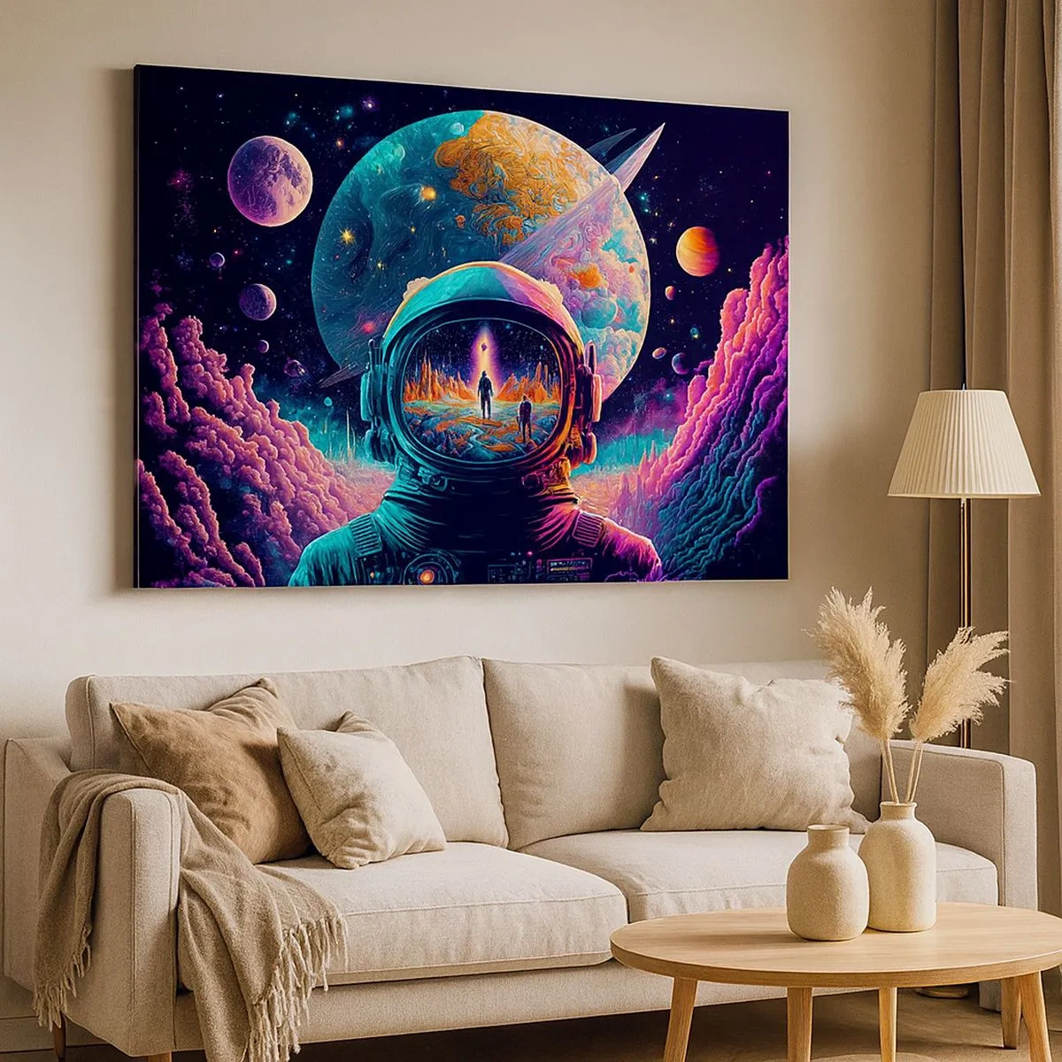 Impression sur toile - Image sur toile - Astronaute dans l'espace avec un paysage planétaire coloré - 70x50cm - Les philosophes n'en ont pas rêvé - Décoration murale moderne pour le salon et la chambre ARTTOR